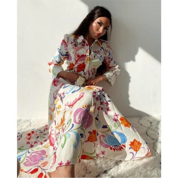 Zara white cotton poplin shirt dress colorful pattern tie waist midi size XS - Picture 3 of 7